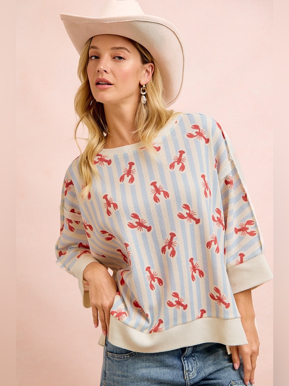 BiBi 4th Of July Lobsters Stripe Waffle Knit Sleeve Top